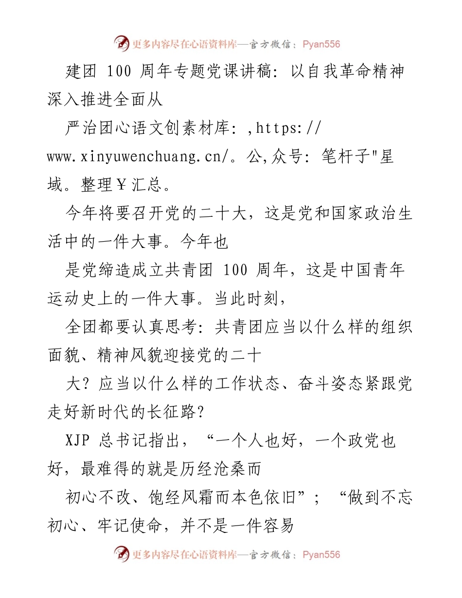 [发言] 建团100周年专题党课 - 深入推进全面从严治团的自我革命精神.docx_第1页