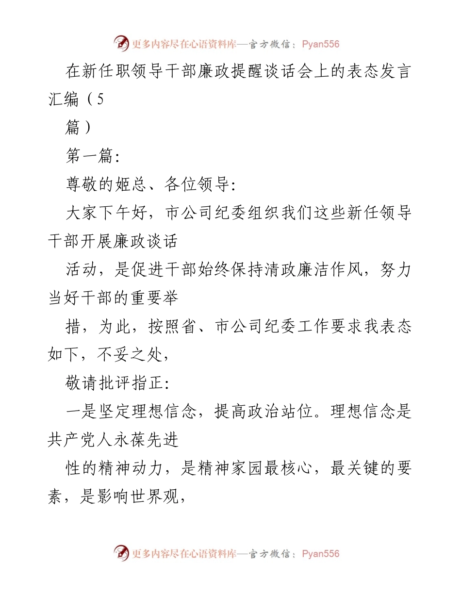 [发言] 廉政提醒谈话会 - 新任领导干部的廉政表态发言.docx_第1页