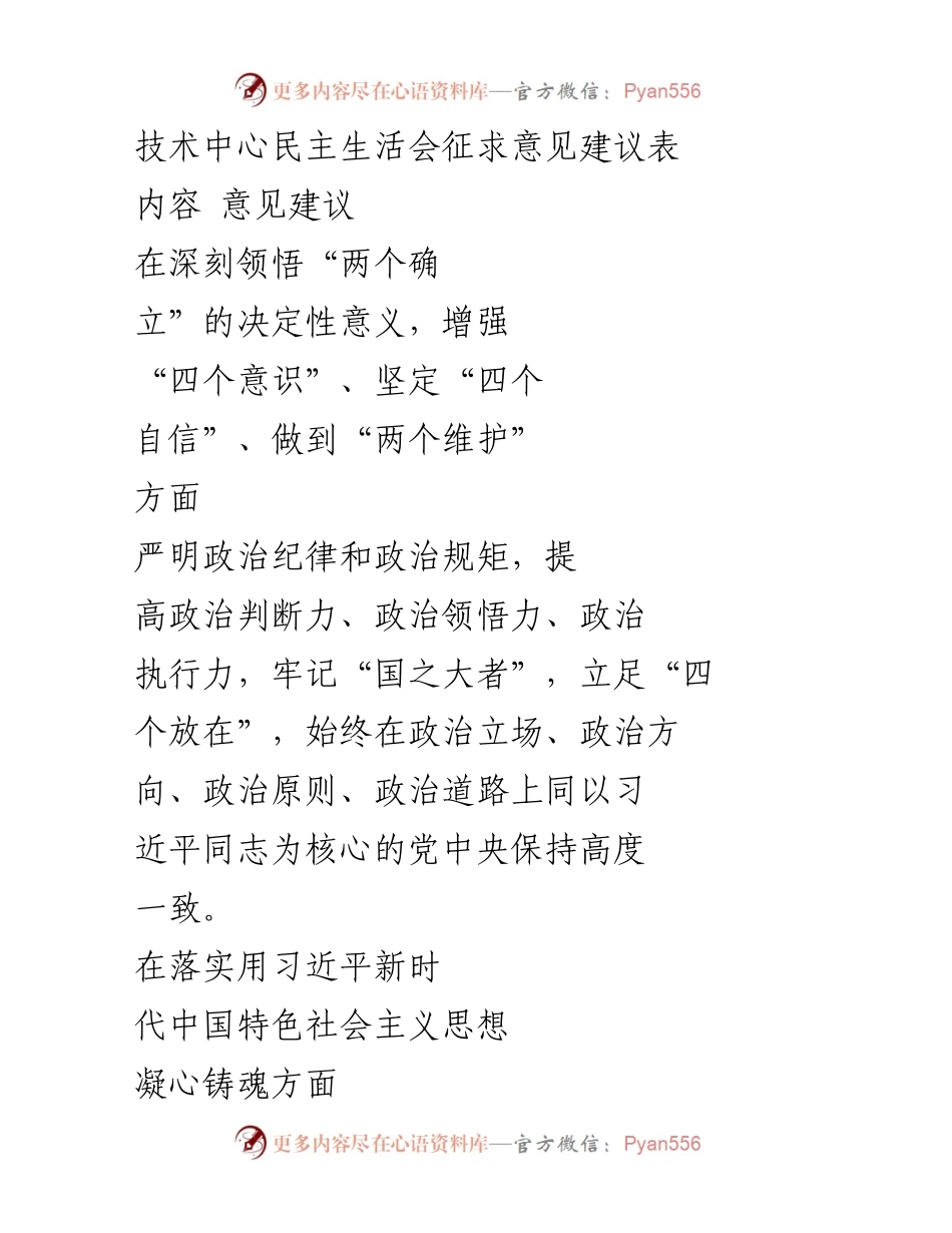 [发言] 技术中心民主生活会 - 深入贯彻习近平新时代中国特色社会主义思想的意见建议总结.docx_第1页