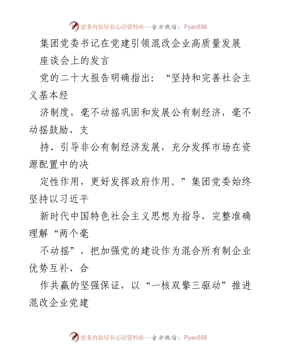 [发言] 座谈会 - 党建引领混改企业高质量发展的实践探索.docx_第1页