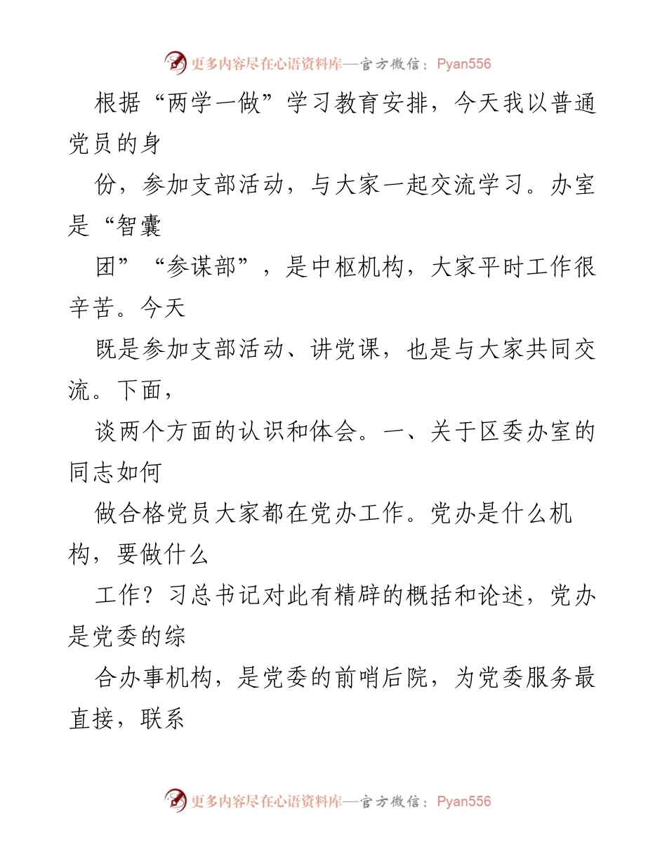 [发言] 支部活动 - 深化理解党办工作的重要性与党员责任.docx_第1页