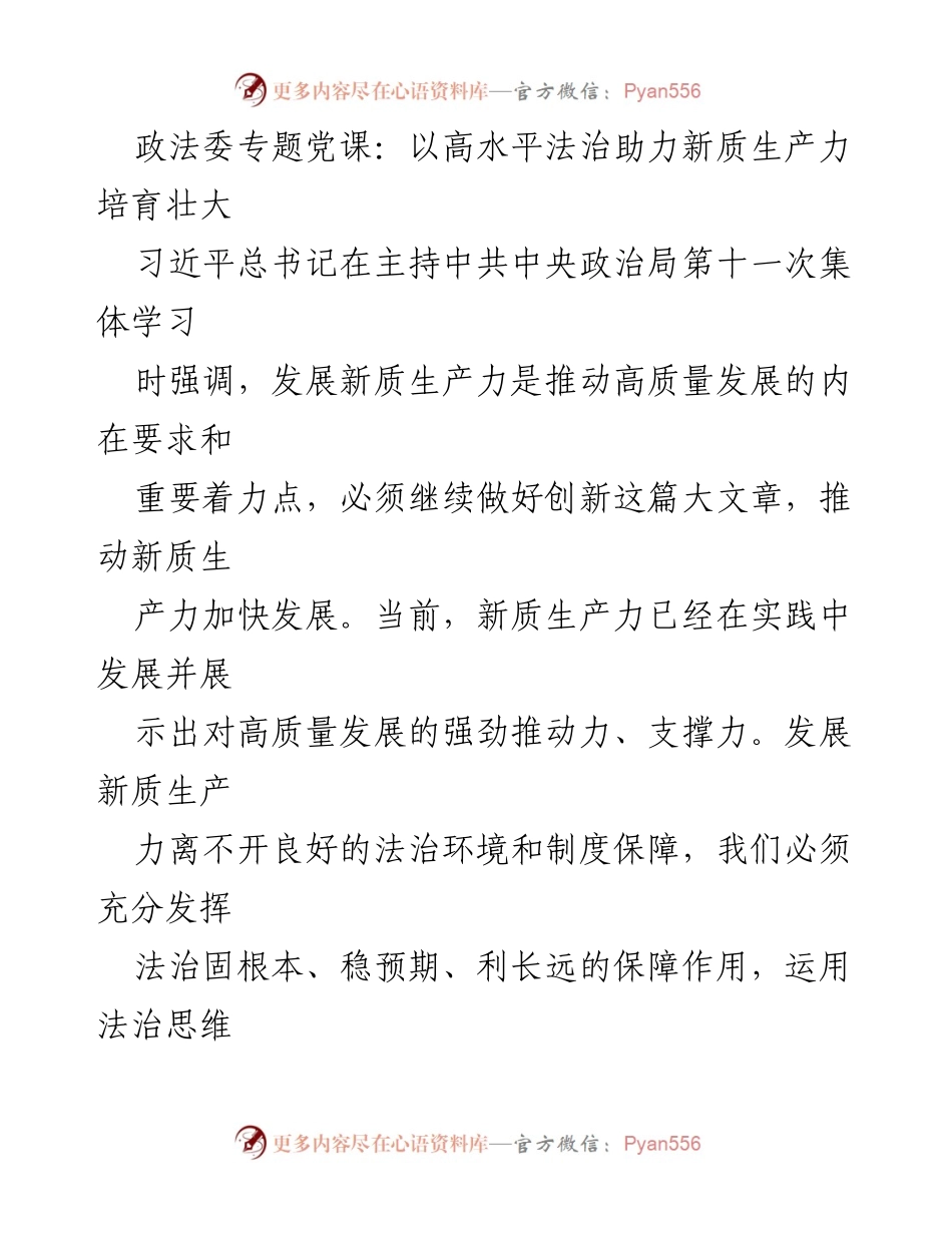 [发言] 政法委专题党课 - 高水平法治与新质生产力的协同发展.docx_第1页