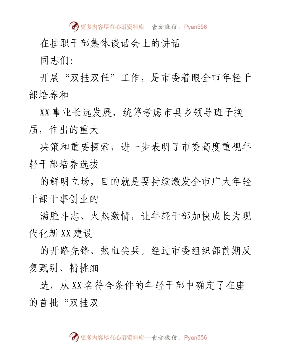 [发言] 挂职干部集体谈话会 - 年轻干部培养的重要性与期望.docx_第1页