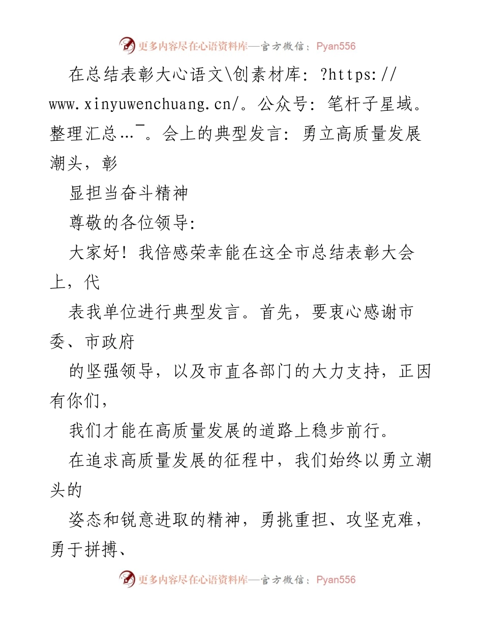 [发言] 总结表彰大会 - 勇立潮头，彰显高质量发展的担当与拼搏精神.docx_第1页