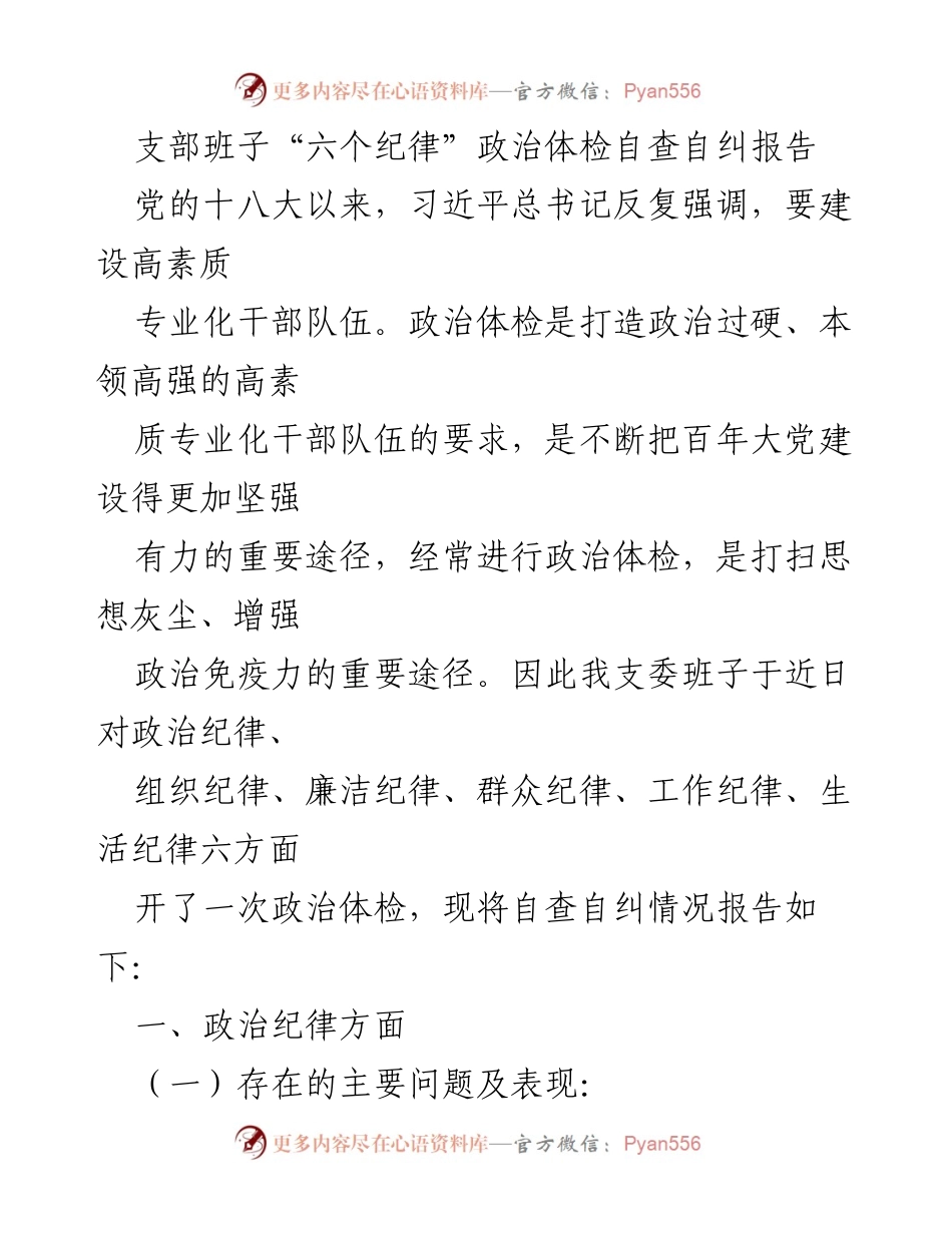 [发言] 支部班子政治体检 - 支部班子“六个纪律”自查自纠情况报告.docx_第1页