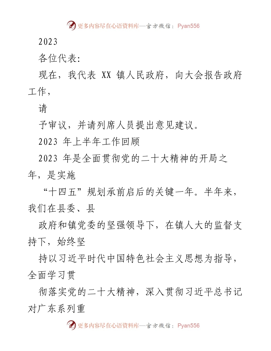 [发言] 政府工作报告 - 2023年XX镇政府工作报告及上半年工作回顾.docx_第1页