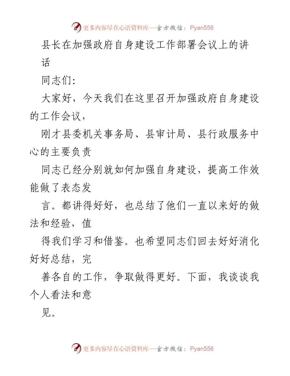 [发言] 政府自身建设工作部署会议 - 加强政府自身建设，提升工作效能的思考与建议.docx_第1页