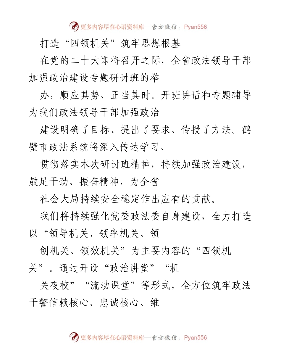 [发言] 政法领导干部专题研讨班 - 打造“四领机关”筑牢思想根基，强化党建统领践行公正司法.docx_第1页