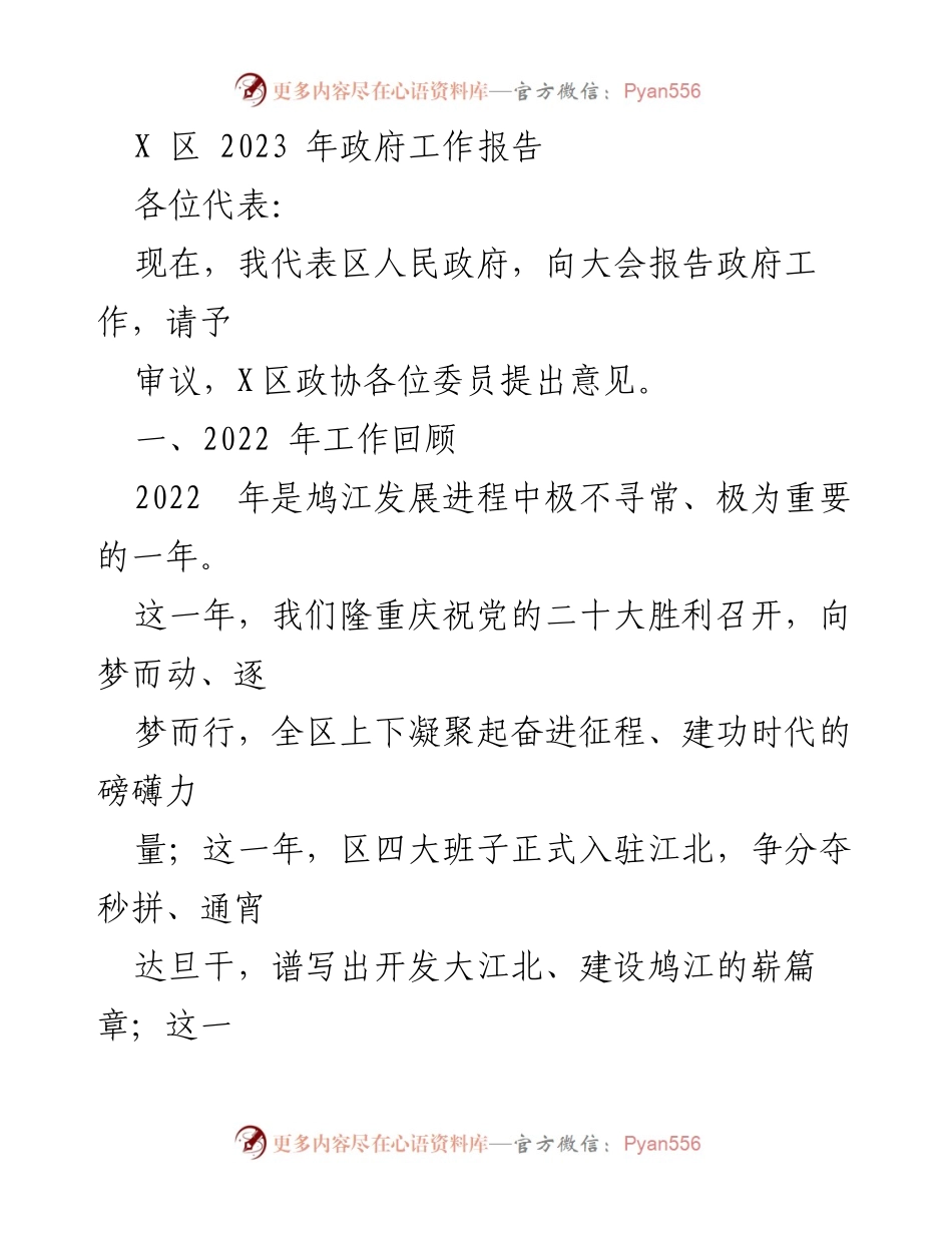 [发言] 政府工作报告 - 2023年X区政府工作回顾与发展展望.docx_第1页