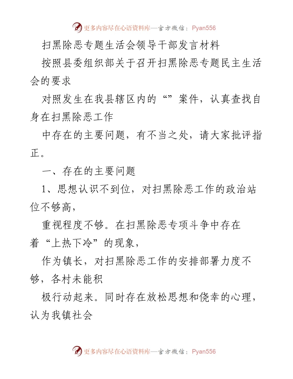 [发言] 扫黑除恶专题民主生活会 - 强化扫黑除恶工作，提升政治站位与责任落实.docx_第1页