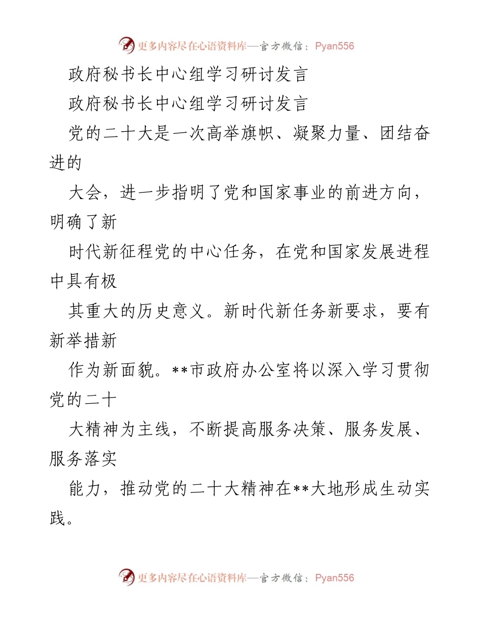 [发言] 政府中心组学习研讨 - 深入学习贯彻党的二十大精神，推动事业发展新局面.docx_第1页