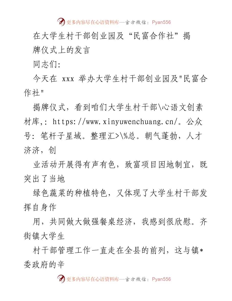 [发言] 揭牌仪式 - 大学生村干部创业园及“民富合作社”揭牌的重要意义与推动措施.docx_第1页
