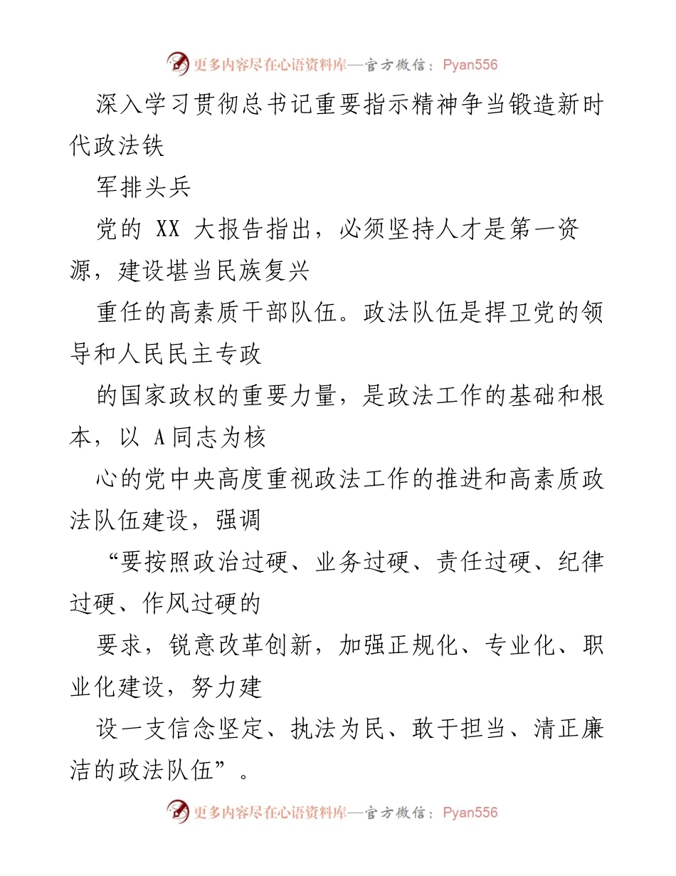 [发言] 政法队伍建设会议 - 深入学习总书记重要指示精神，争当新时代政法铁军排头兵.docx_第1页