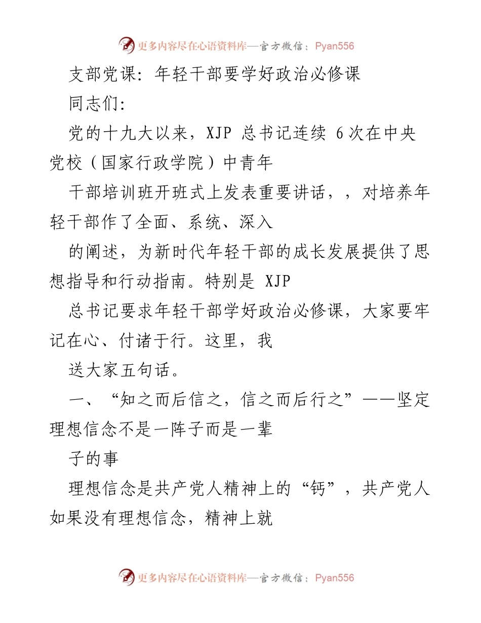 [发言] 支部党课 - 年轻干部应坚定理想信念，学好政治必修课.docx_第1页