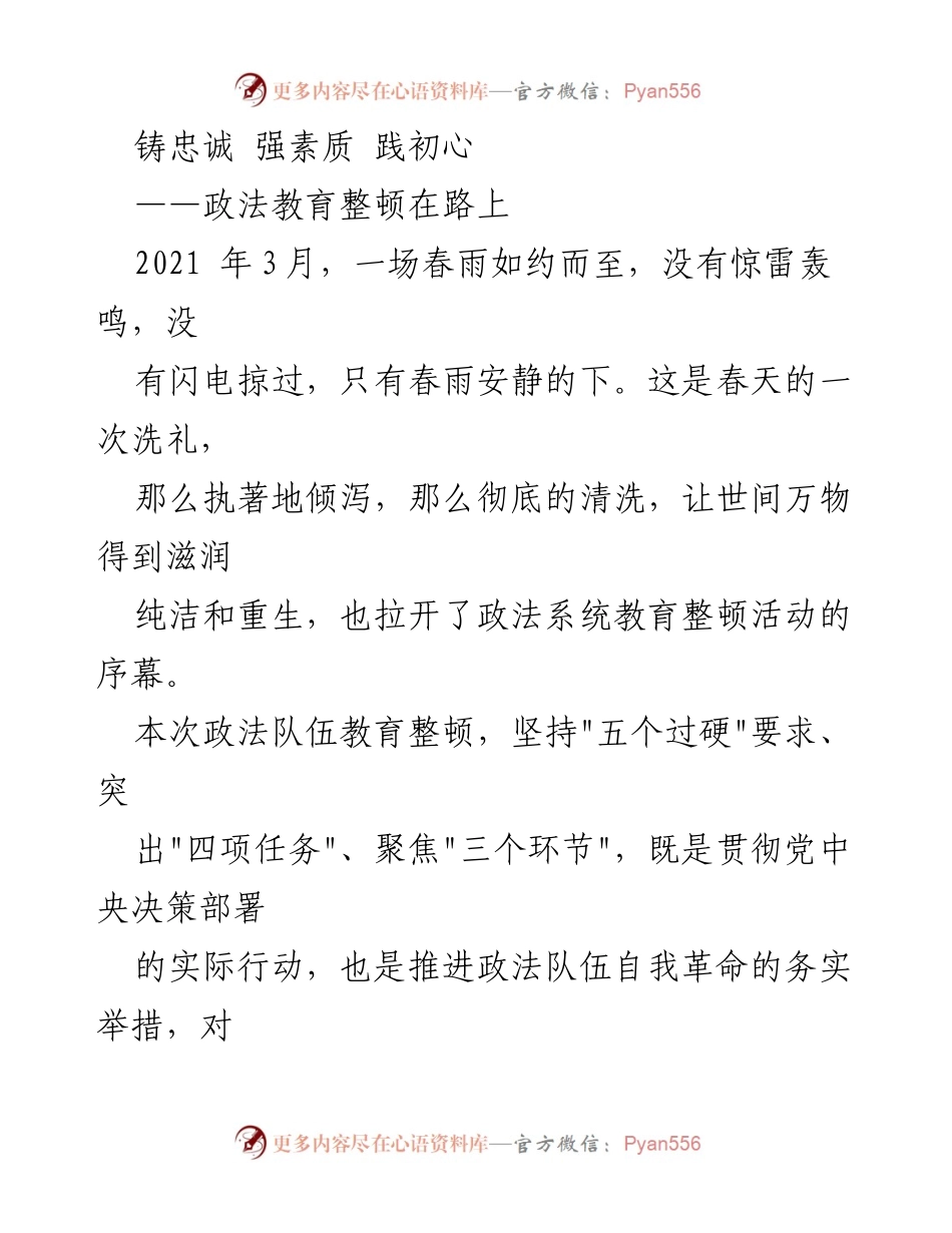 [发言] 政法队伍教育整顿会议 - 铸忠诚 强素质 践初心：深化政法队伍教育整顿的意义与实践.docx_第1页