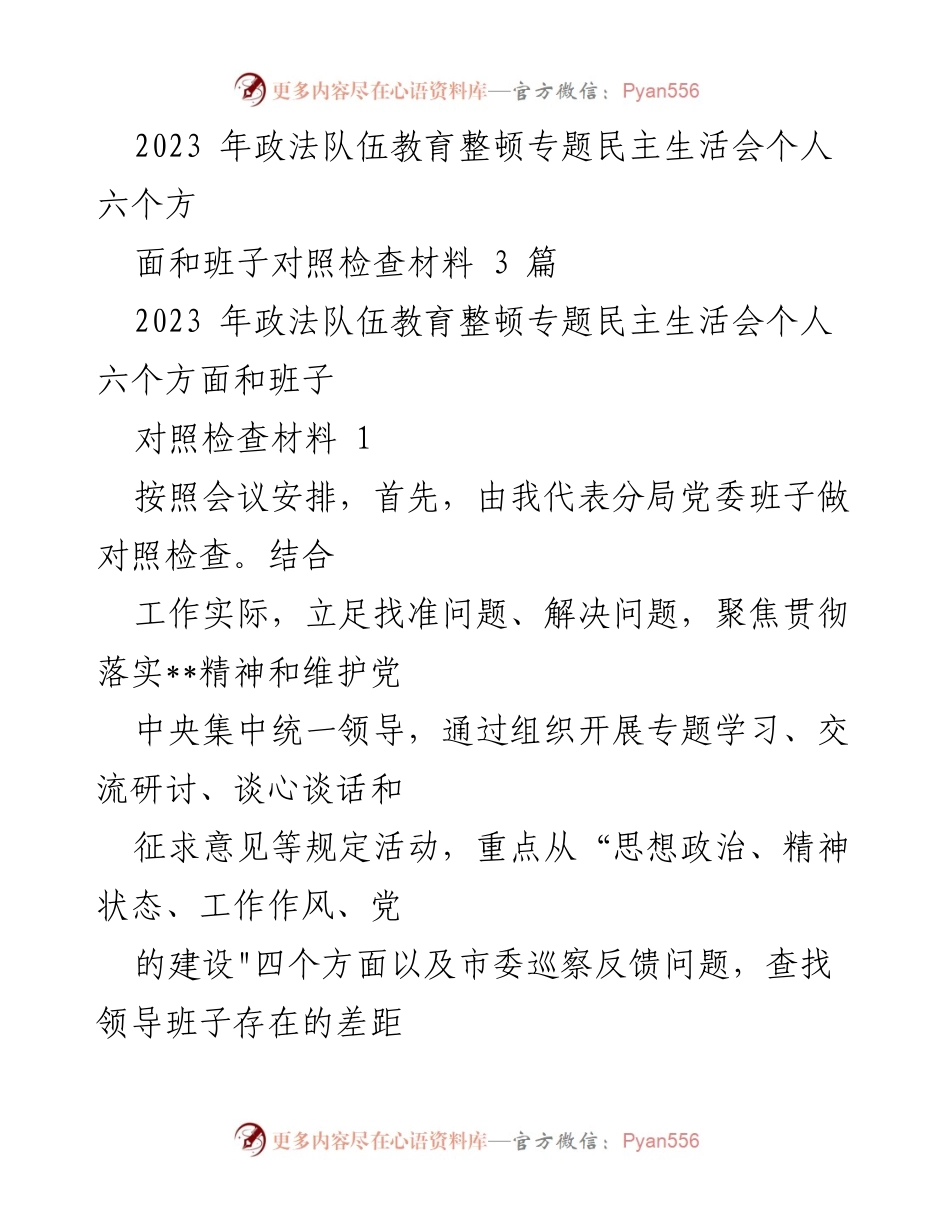 [发言] 政法队伍教育整顿专题民主生活会 - 2023年政法队伍教育整顿班子对照检查发言材料.docx_第1页