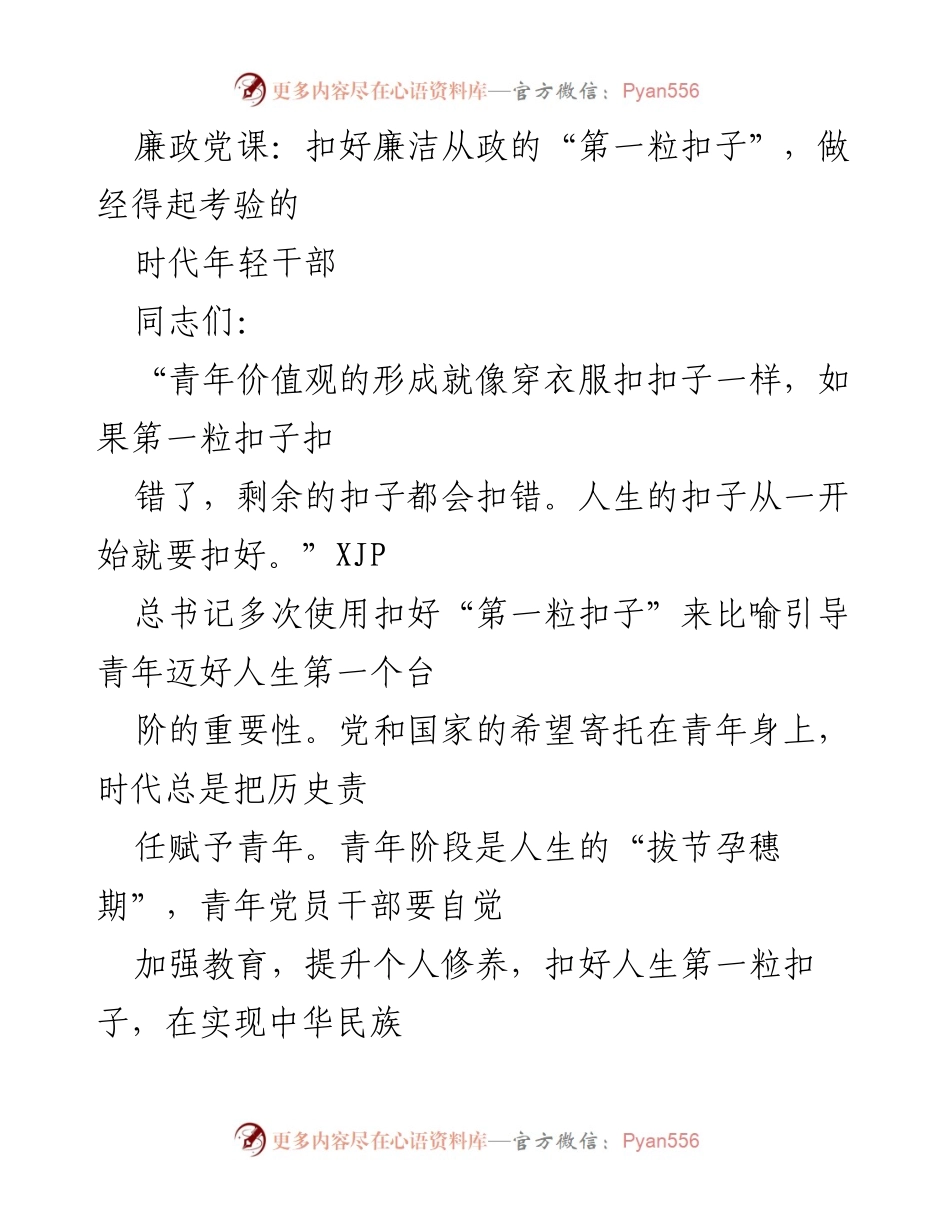 [发言] 廉政党课 - 扣好人生第一粒扣子：年轻干部的理想信念与担当.docx_第1页