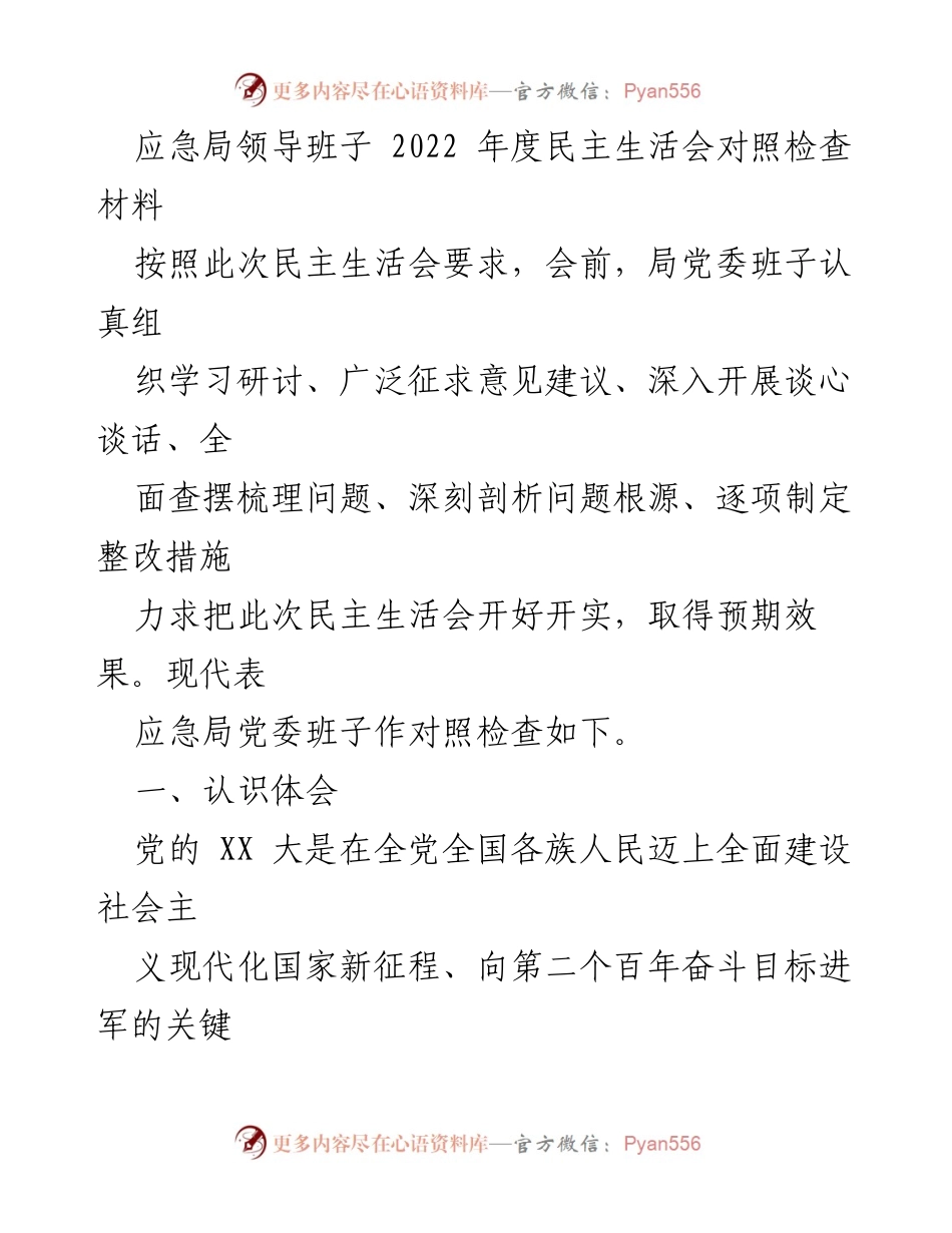 [发言] 应急局年度民主生活会 - 应急局领导班子2022年度民主生活会对照检查材料.docx_第1页