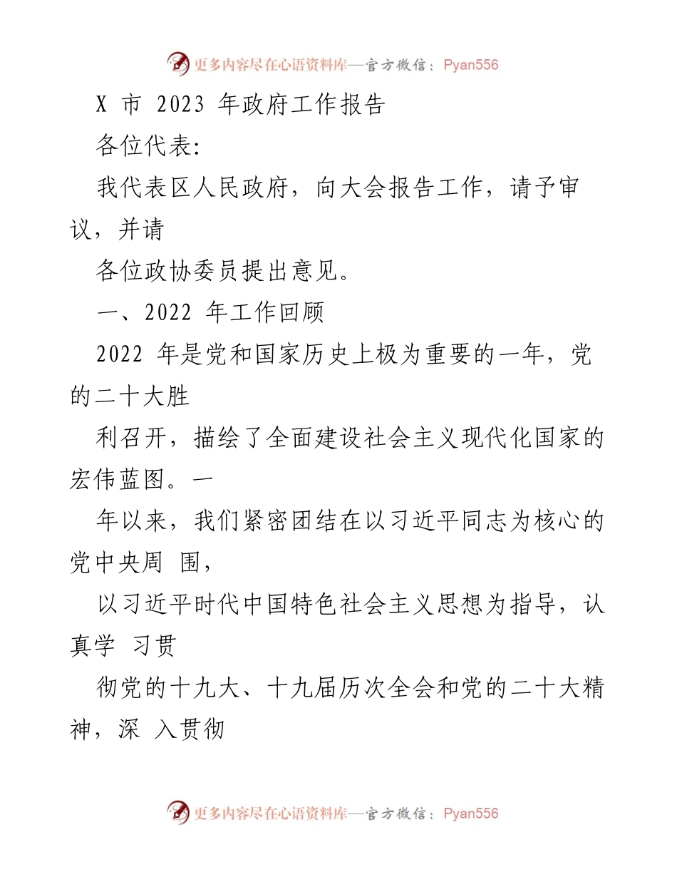 [发言] 政府工作报告大会 - X市2023年政府工作报告总结与展望.docx_第1页