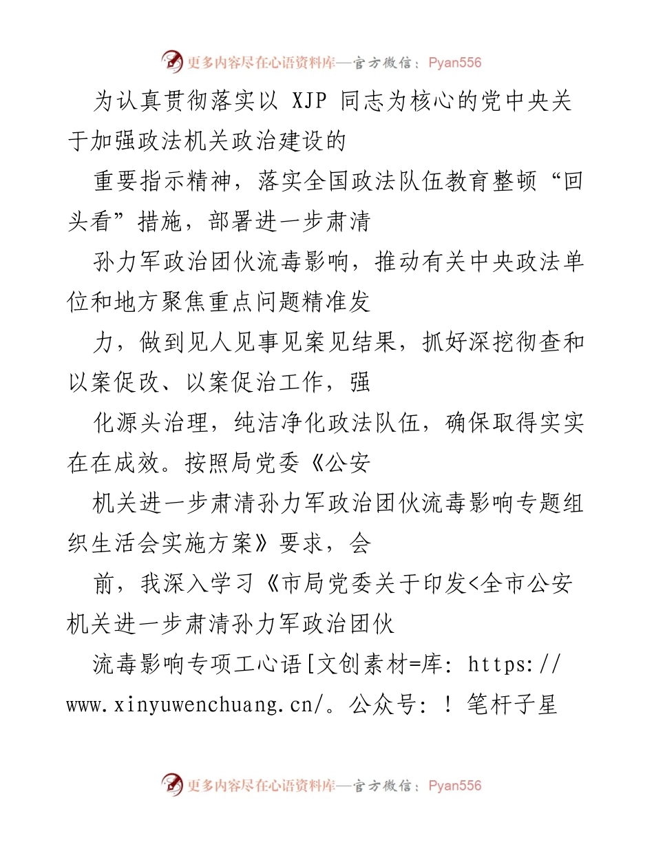 [发言] 政法机关政治建设专题组织生活会 - 深入查摆问题，推动政法队伍纯洁化.docx_第1页