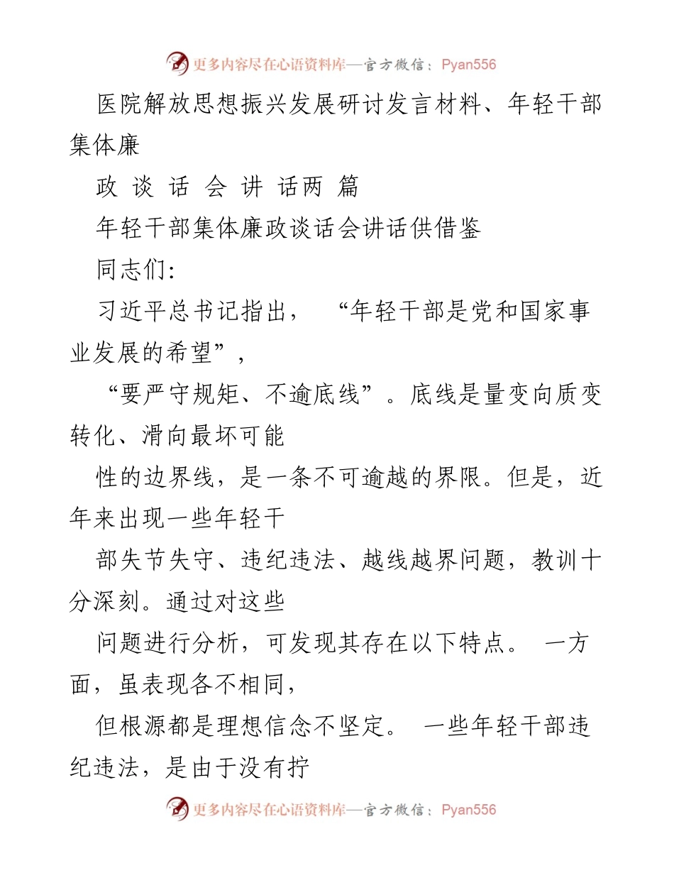 [发言] 年轻干部集体廉政谈话会 - 年轻干部廉政自律的重要性与警示.docx_第1页