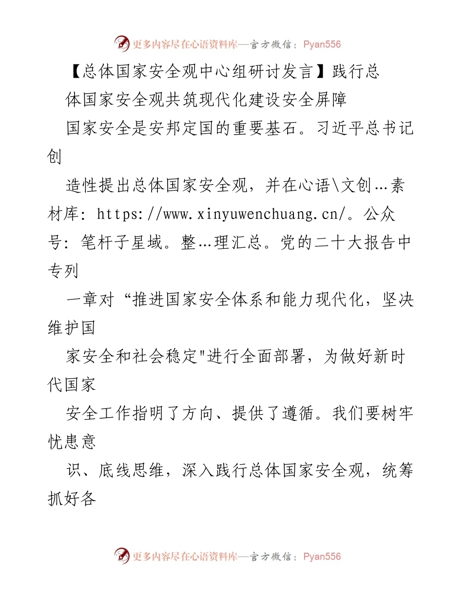 [发言] 总体国家安全观中心组研讨 - 践行总体国家安全观，共筑现代化建设安全屏障.docx_第1页
