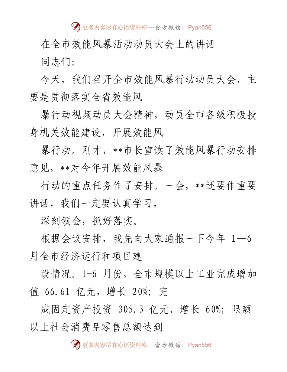 [发言] 效能风暴行动动员大会 - 全市效能风暴行动动员大会讲话.docx_第1页