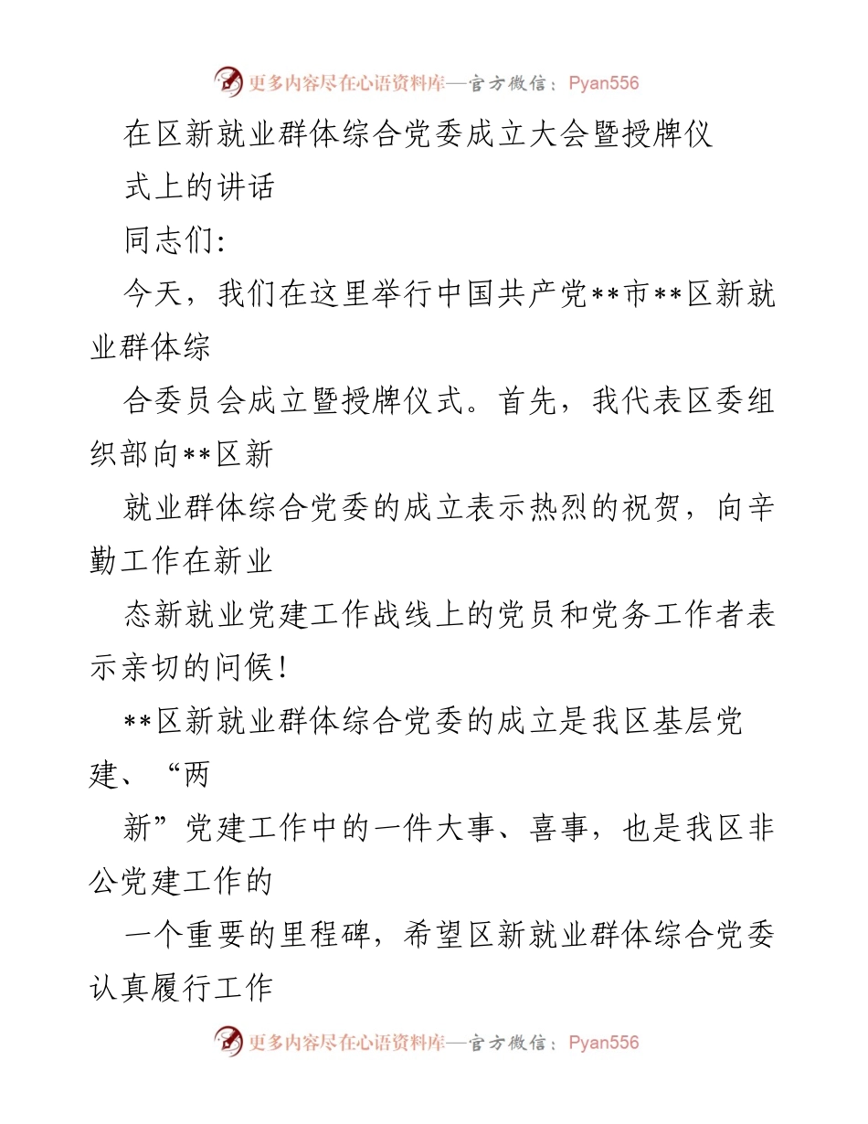 [发言] 成立大会 - 新就业群体综合党委成立的重要性与工作要求.docx_第1页