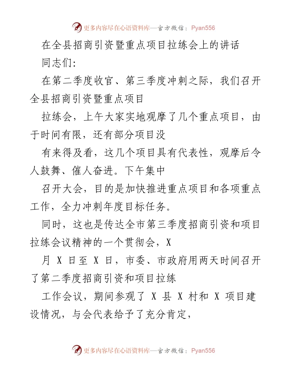 [发言] 招商引资暨重点项目拉练会 - 加快推进重点项目，奋力冲刺年度目标.docx_第1页