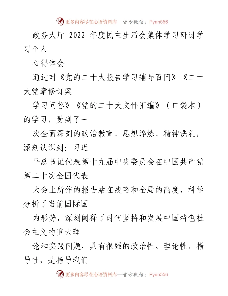 [发言] 政务大厅年度民主生活会 - 深刻领悟党的二十大精神，践行服务宗旨.docx_第1页