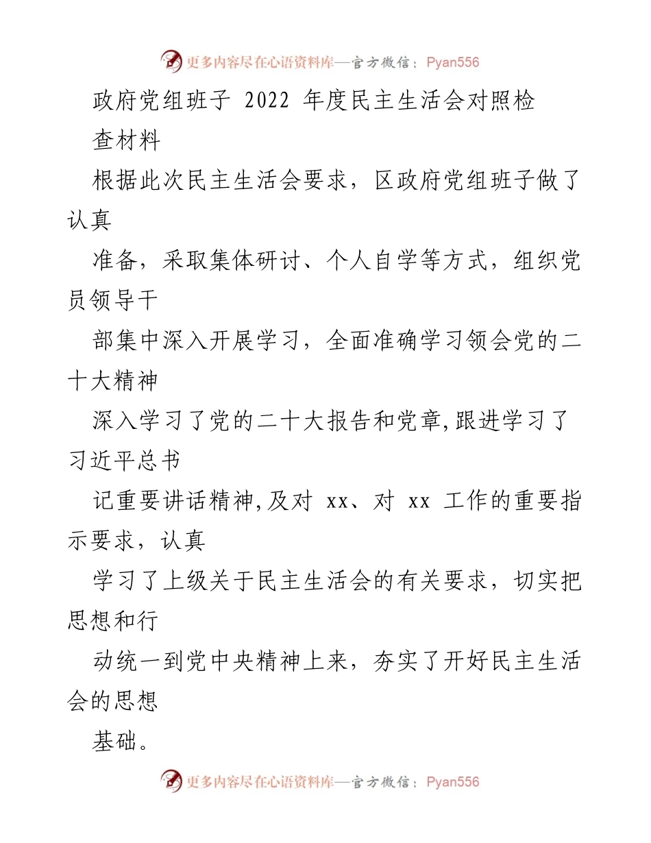 [发言] 政府党组班子年度民主生活会 - 2022年度民主生活会对照检查材料总结.docx_第1页