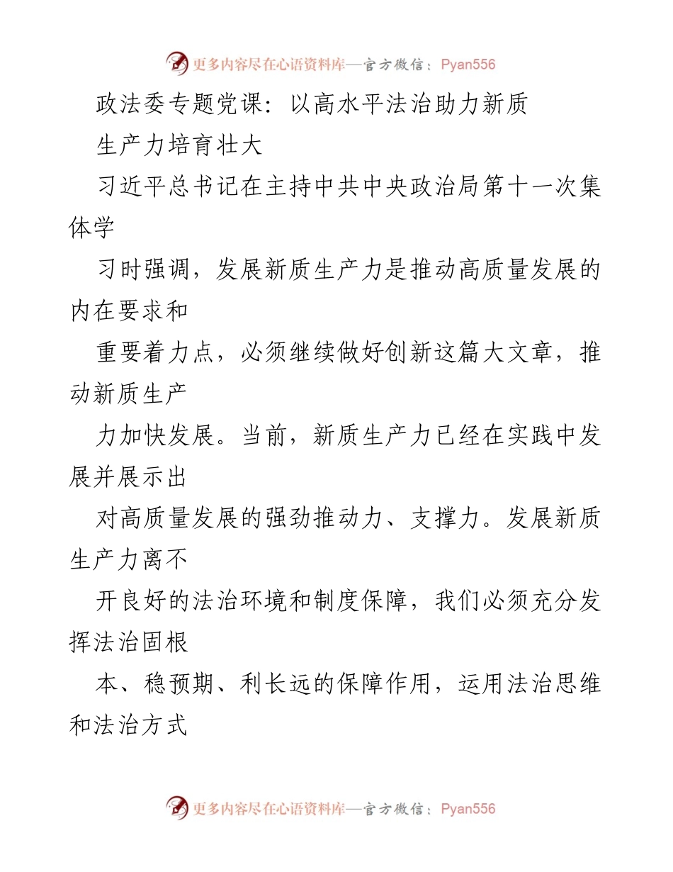 [发言] 政法委专题党课 - 高水平法治助力新质生产力发展.docx_第1页