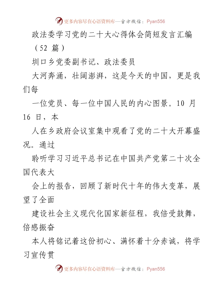 [发言] 政法委学习党的二十大 - 深入学习贯彻党的二十大精神，奋力谱写青春华章.docx_第1页
