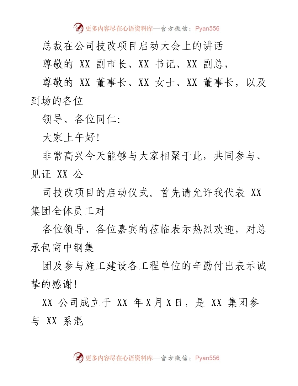 [发言] 技改项目启动大会 - 总裁在技改项目启动大会上的讲话.docx_第1页