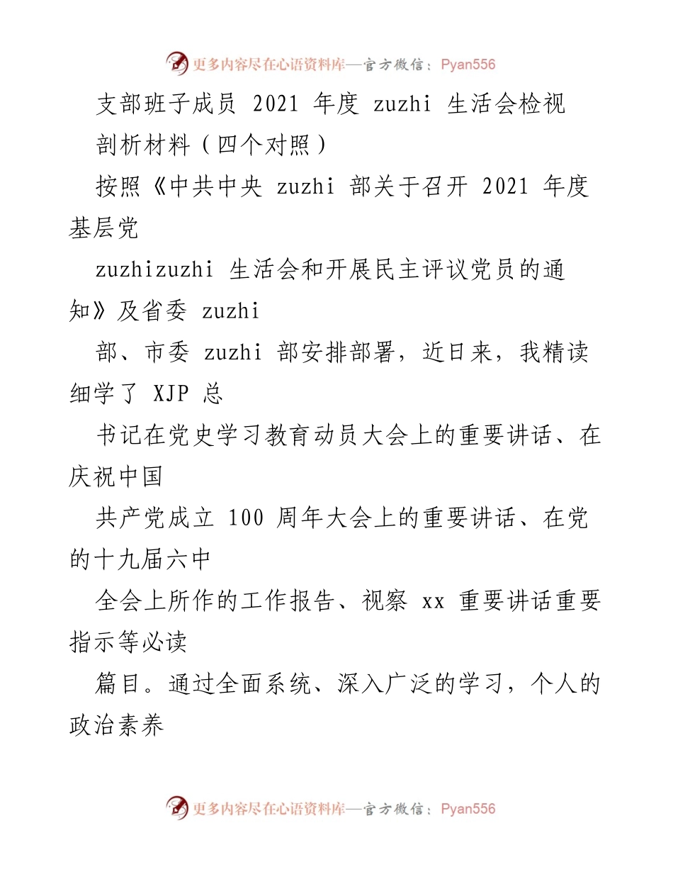 [发言] 支部生活会 - 2021年度支部班子成员组织生活会检视与剖析材料.docx_第1页
