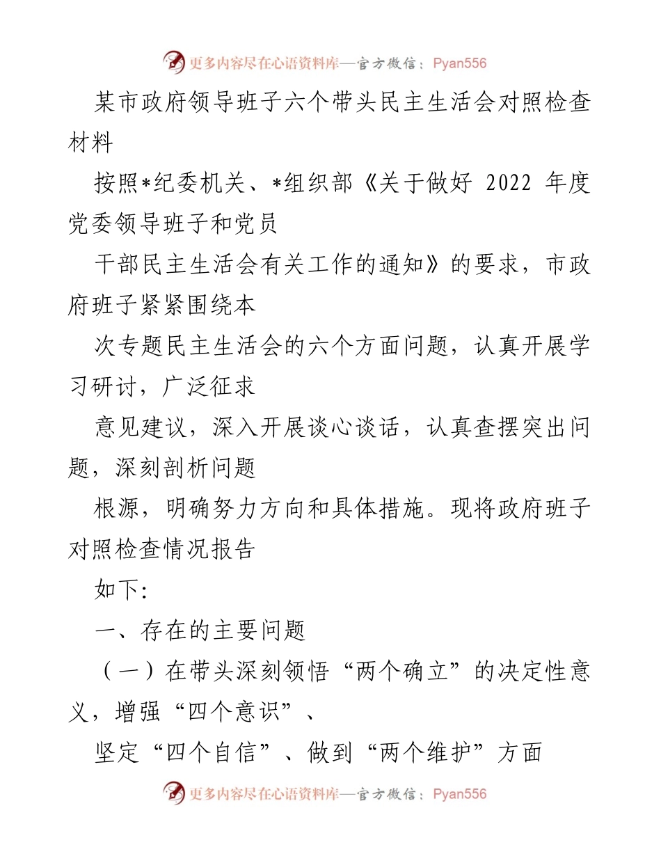 [发言] 政府领导班子民主生活会 - 市政府领导班子民主生活会对照检查材料总结.docx_第1页