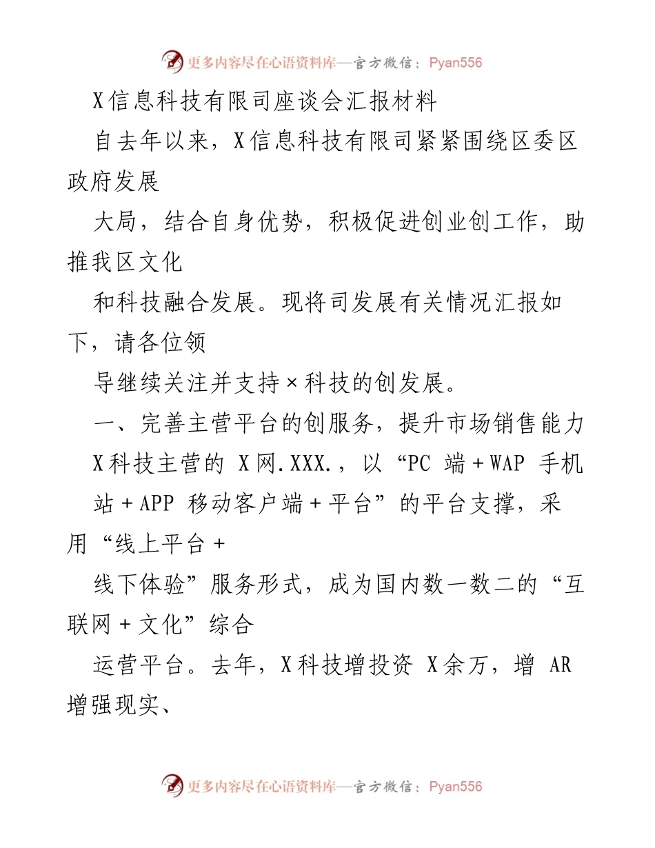 [发言] 座谈会 - X信息科技有限司发展汇报与未来展望.docx_第1页