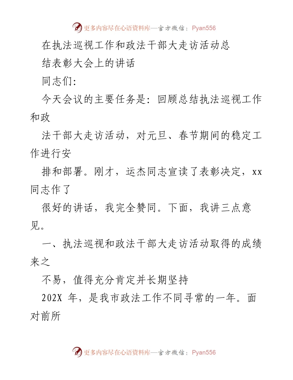 [发言] 总结表彰大会 - 执法巡视与政法干部大走访活动成效总结与部署.docx_第1页