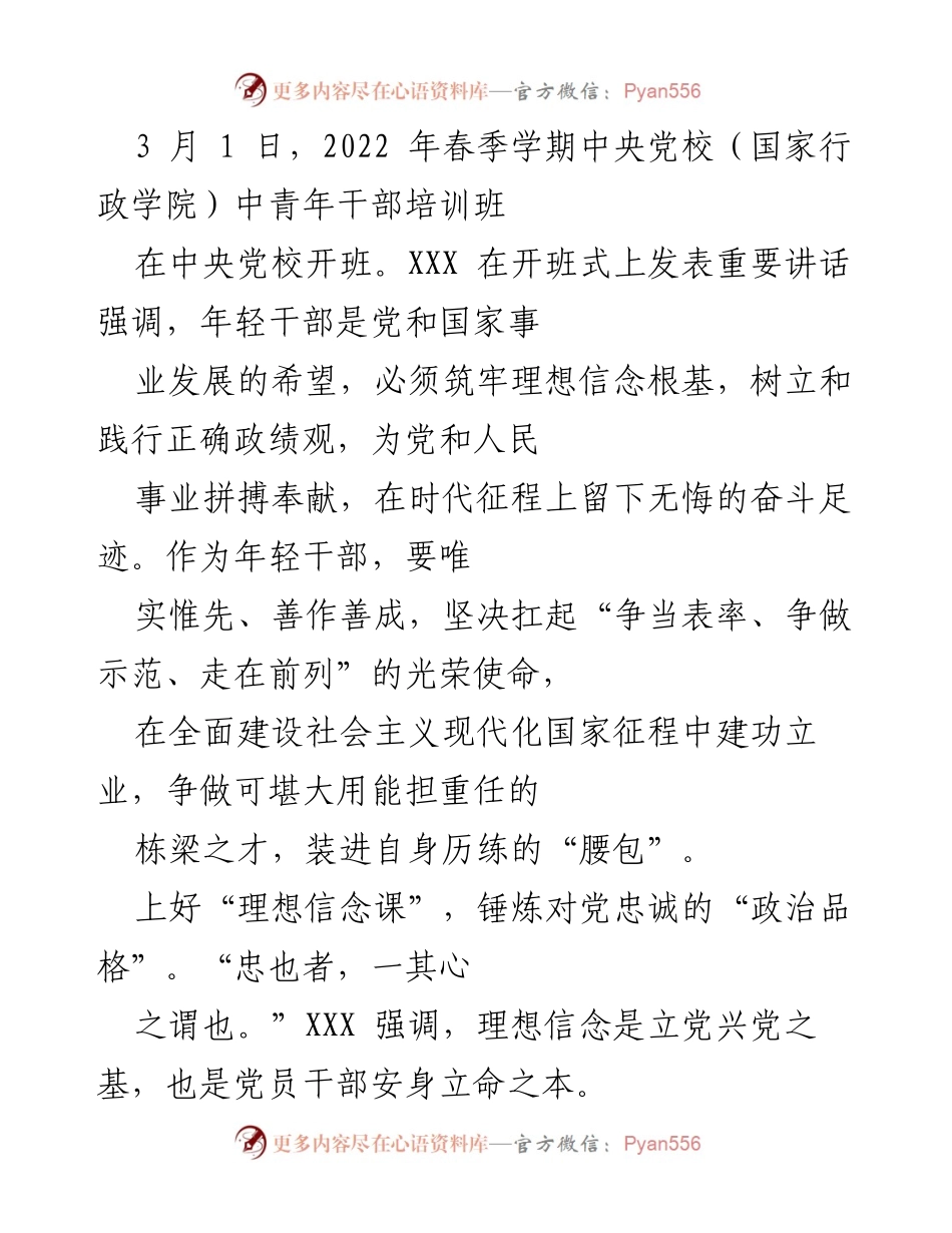 [发言] 开班式 - 年轻干部培训班开班式讲话：筑牢理想信念，争做栋梁之才.docx_第1页