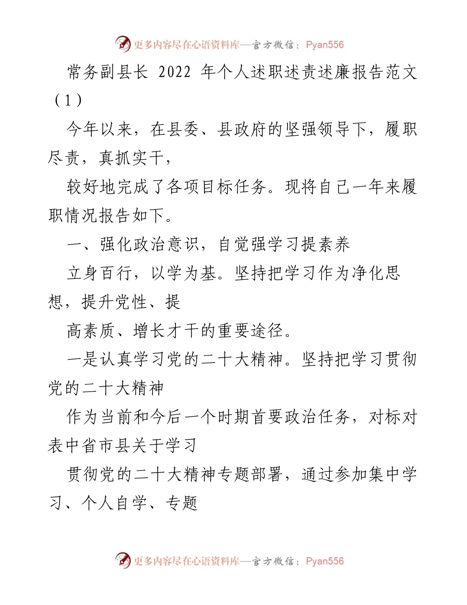 [发言] 政府工作总结 - 常务副县长2022年度述职述责述廉报告.docx_第1页