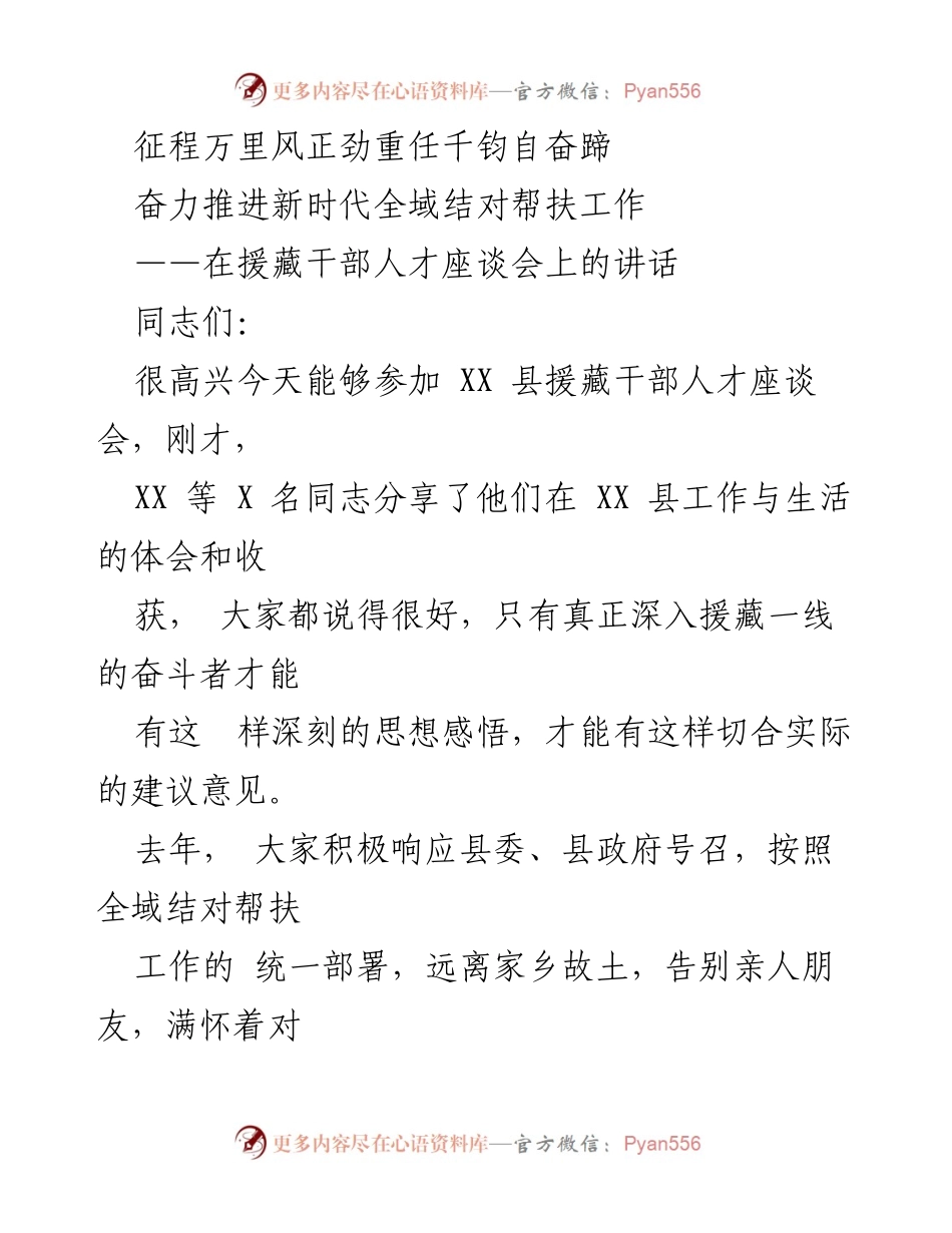 [发言] 援藏干部人才座谈会 - 奋力推进全域结对帮扶工作的新征程.docx_第1页