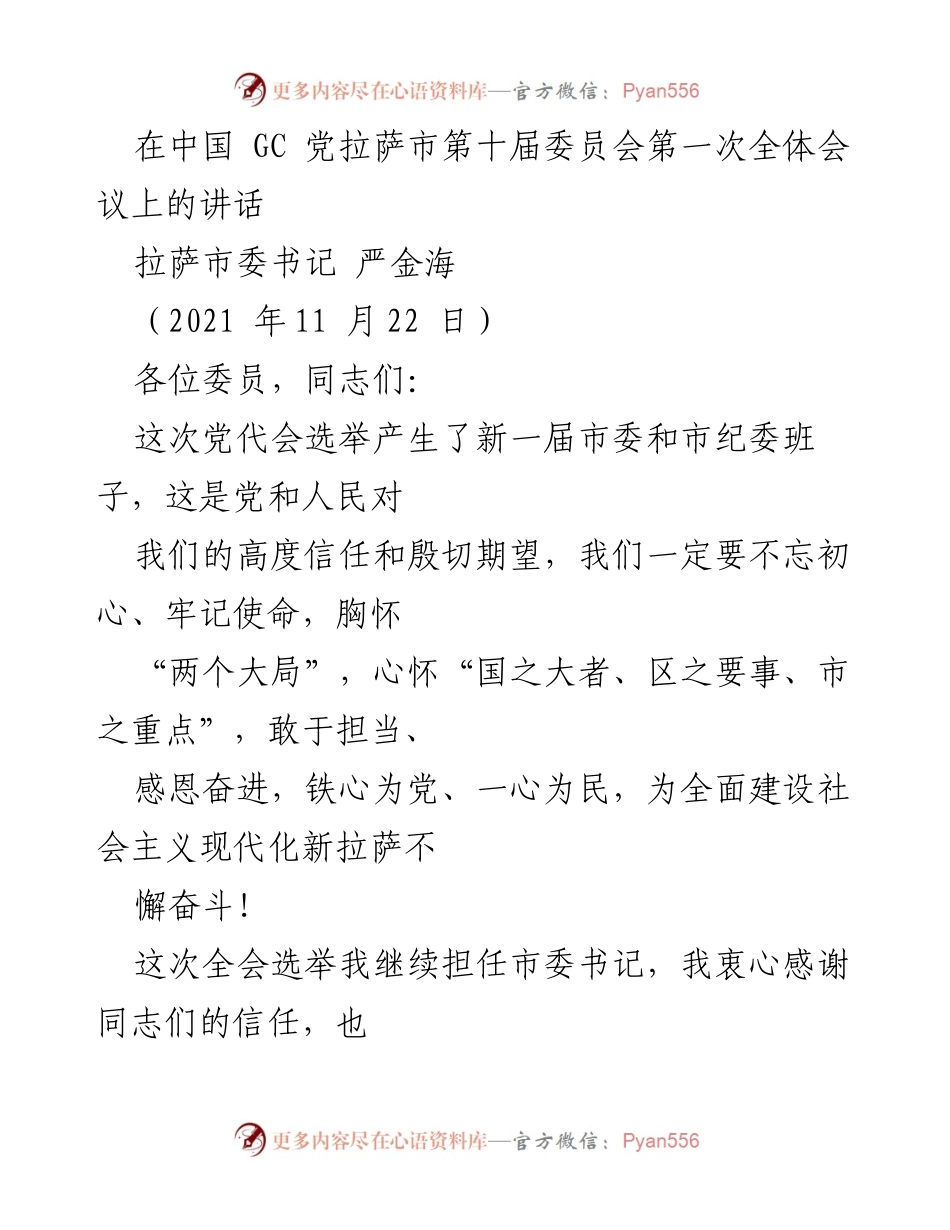 [发言] 拉萨市第十届委员会第一次全体会议 - 严金海书记在全会上的讲话与未来发展蓝图.docx_第1页