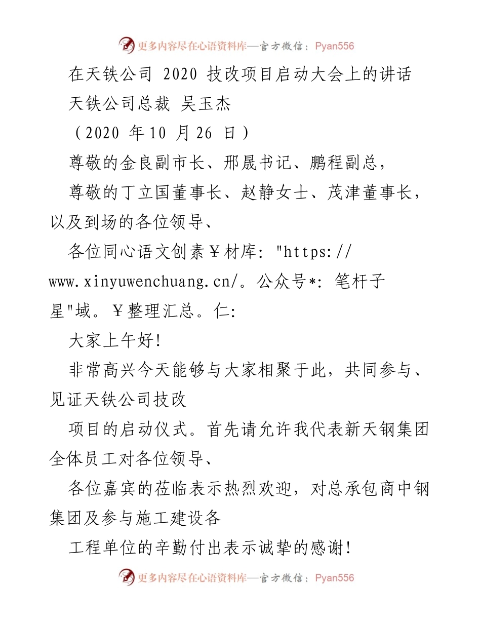 [发言] 技改项目启动大会 - 天铁公司技改项目启动讲话.docx_第1页