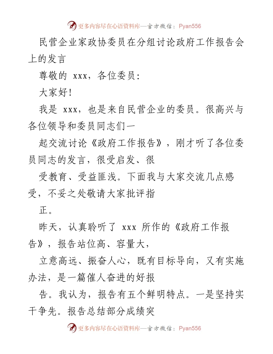 [发言] 政协委员分组讨论 - 民营企业家对政府工作报告的深刻见解与建议.docx_第1页