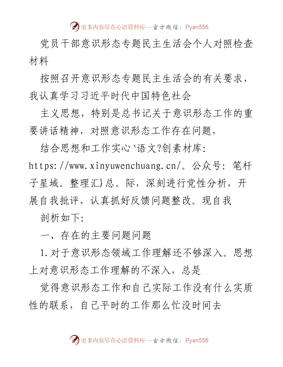 [发言] 意识形态专题民主生活会 - 党员干部意识形态工作自我剖析与整改措施.docx_第1页