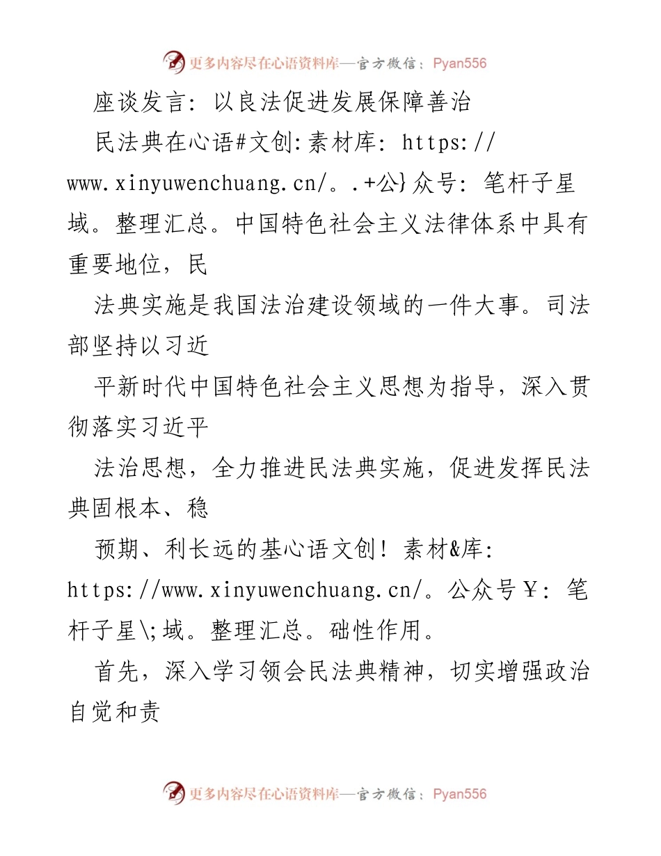 [发言] 座谈会 - 促进民法典实施，保障法治发展.docx_第1页