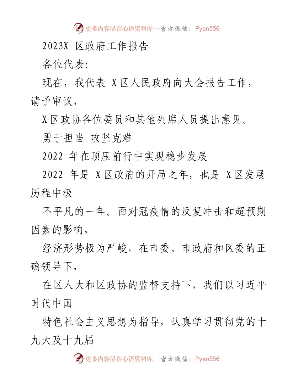 [发言] 政府工作大会 - 2023年X区政府工作报告.docx_第1页