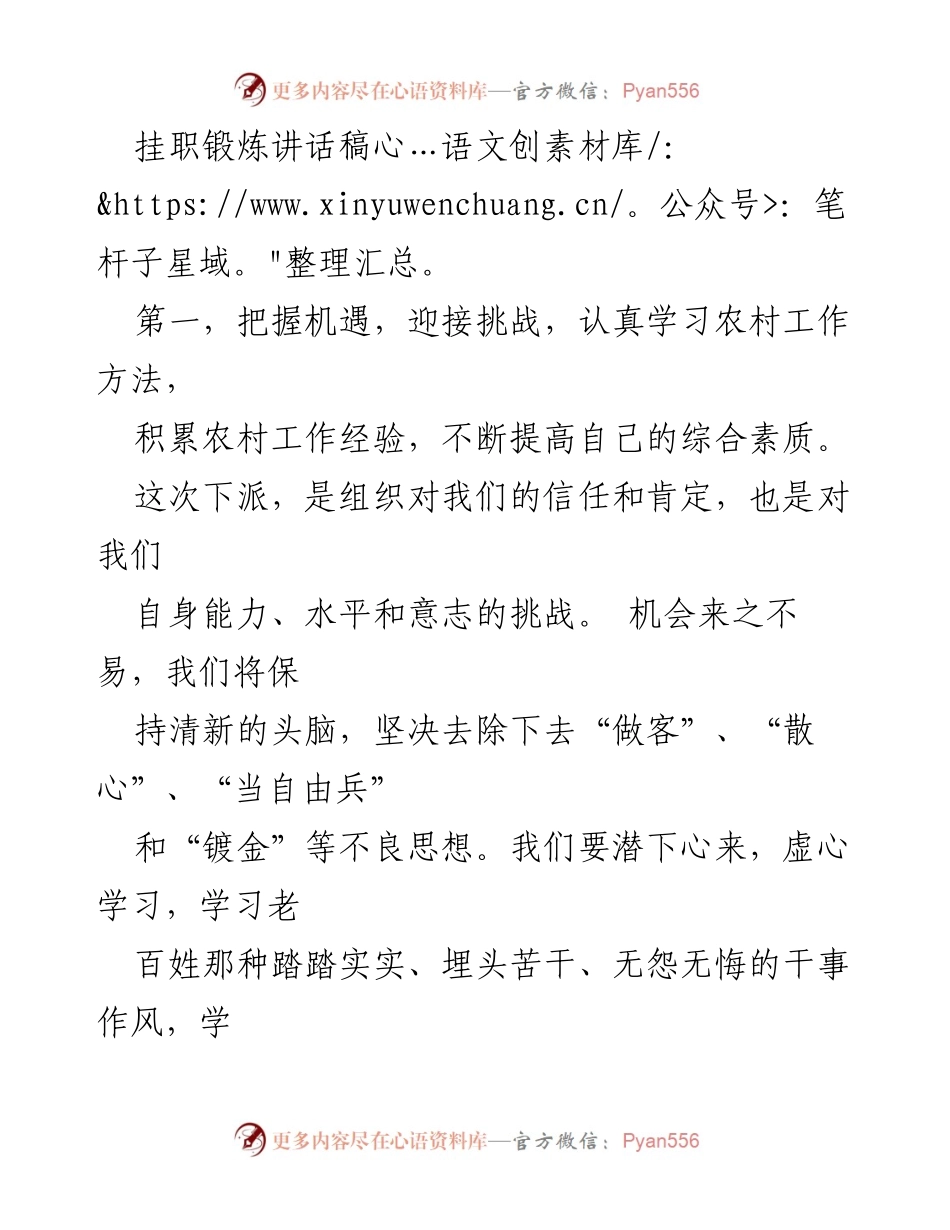 [发言] 挂职锻炼动员会 - 把握机遇，迎接挑战：在农村挂职锻炼中的学习与成长.docx_第1页