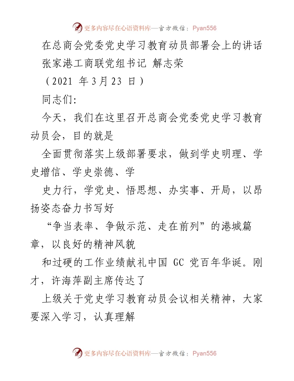 [发言] 总商会党委党史学习教育动员部署会 - 强化使命担当，推动党史学习教育落地落实.docx_第1页