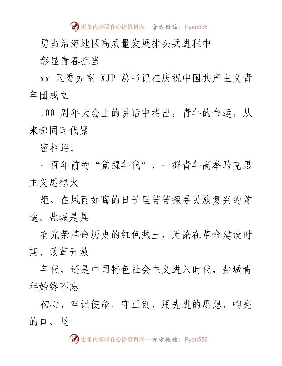 [发言] 庆祝大会 - 青春无悔：在高质量发展中勇担使命.docx_第1页